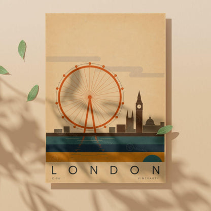 Affiche Londres, la grande roue, Big Ben et la Tamise, illustration mid-century, art mural voyage