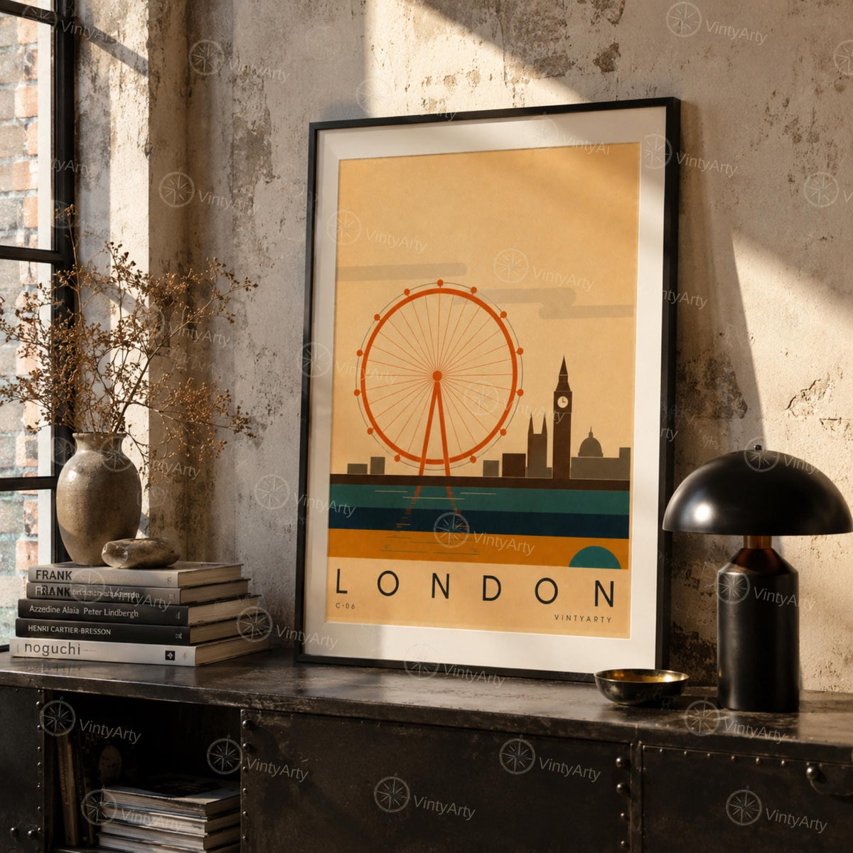 Affiche Londres, la grande roue, Big Ben et la Tamise, illustration mid-century, art mural voyage
