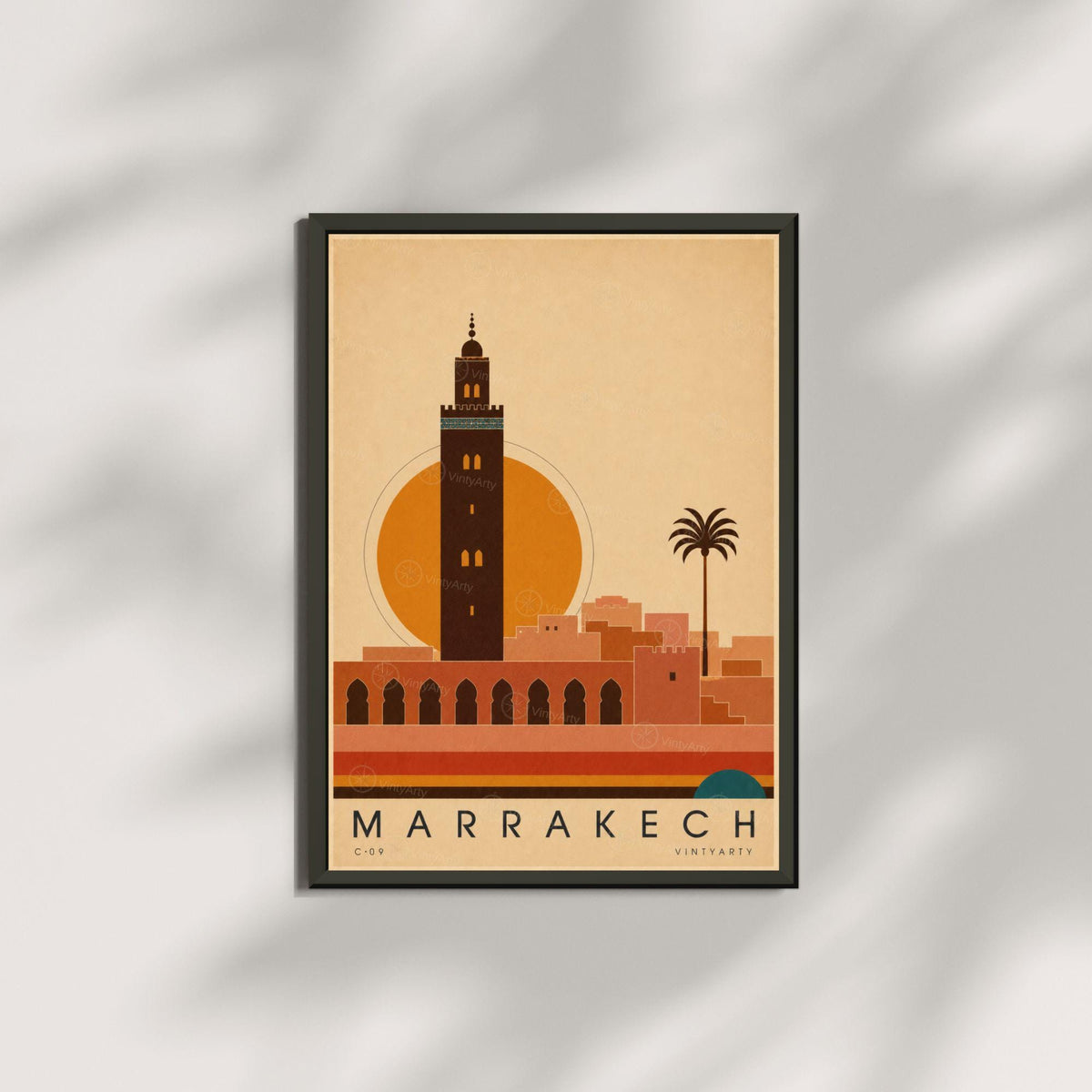 Affiche Marrakech, le minaret de la Koutoubia au soleil couchant, illustration mid-century