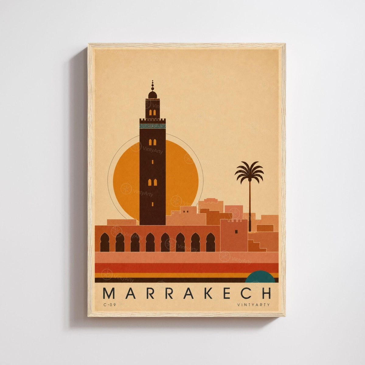 Affiche Marrakech, le minaret de la Koutoubia au soleil couchant, illustration mid-century