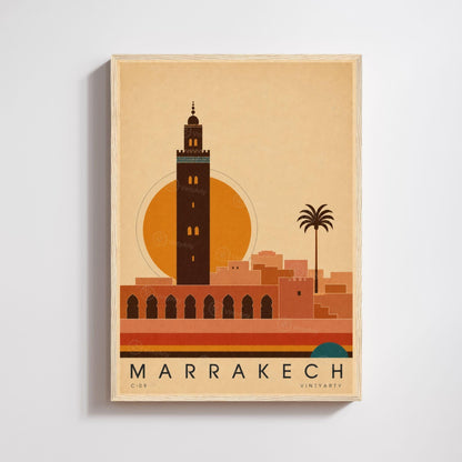 Affiche Marrakech, le minaret de la Koutoubia au soleil couchant, illustration mid-century