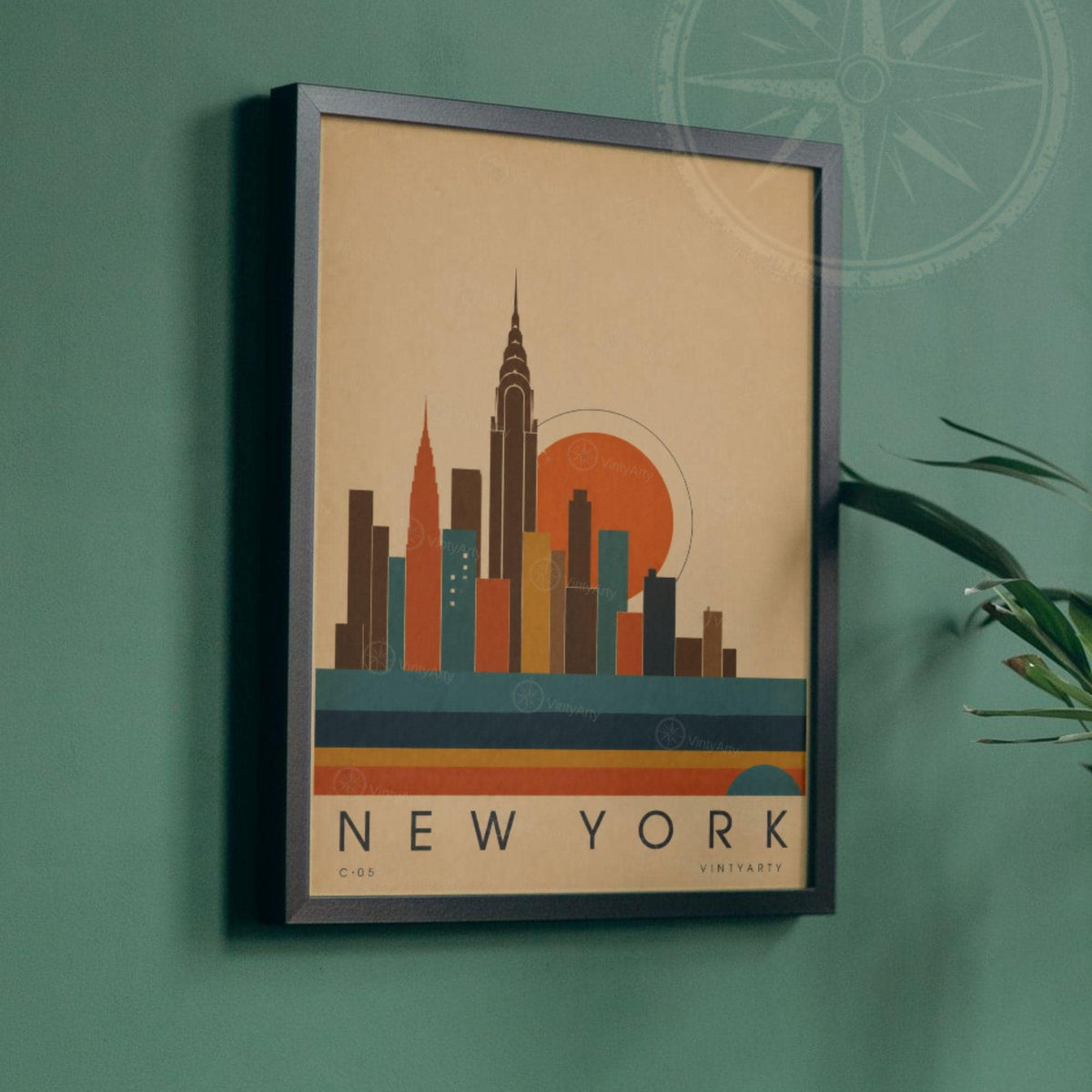 Affiche New York, la skyline Art déco au soleil couchant, illustration mid-century, art mural