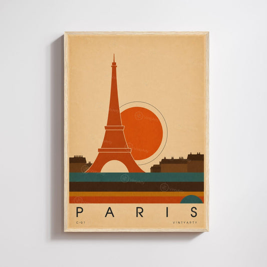 Affiche Paris, la tour Eiffel et les toits au soleil couchant, illustration mid-century, art mural