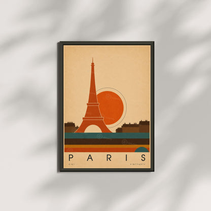 Affiche Paris, la tour Eiffel et les toits au soleil couchant, illustration mid-century, art mural