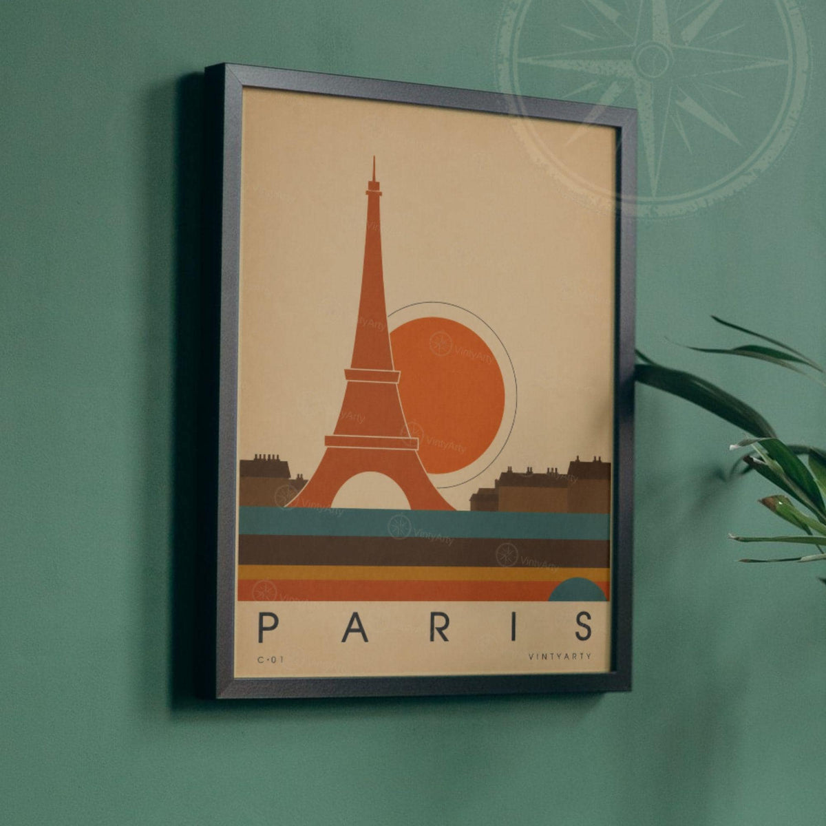 Affiche Paris, la tour Eiffel et les toits au soleil couchant, illustration mid-century, art mural