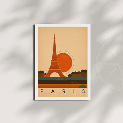 Affiche Paris, la tour Eiffel et les toits au soleil couchant, illustration mid-century, art mural