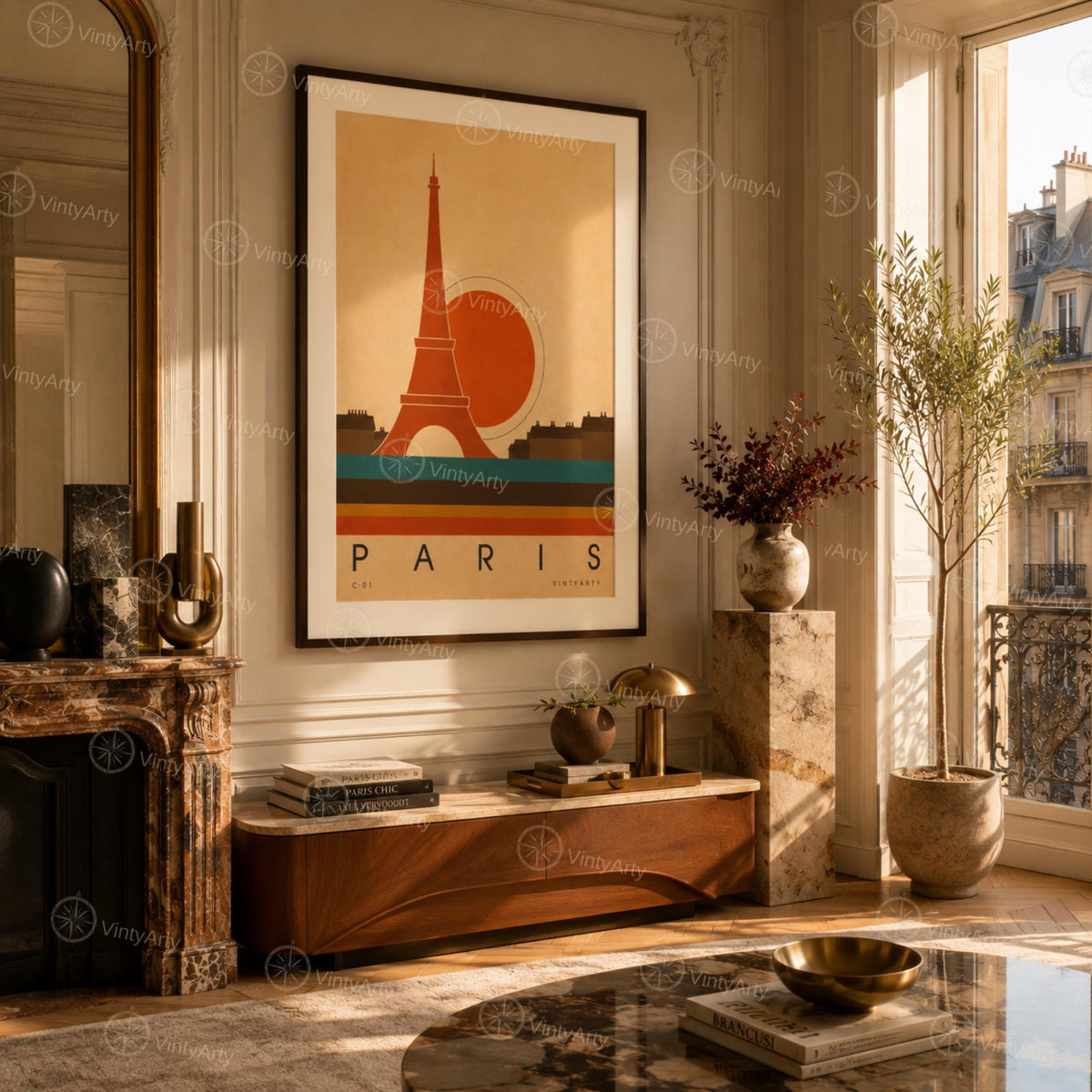 Affiche Paris, la tour Eiffel et les toits au soleil couchant, illustration mid-century, art mural
