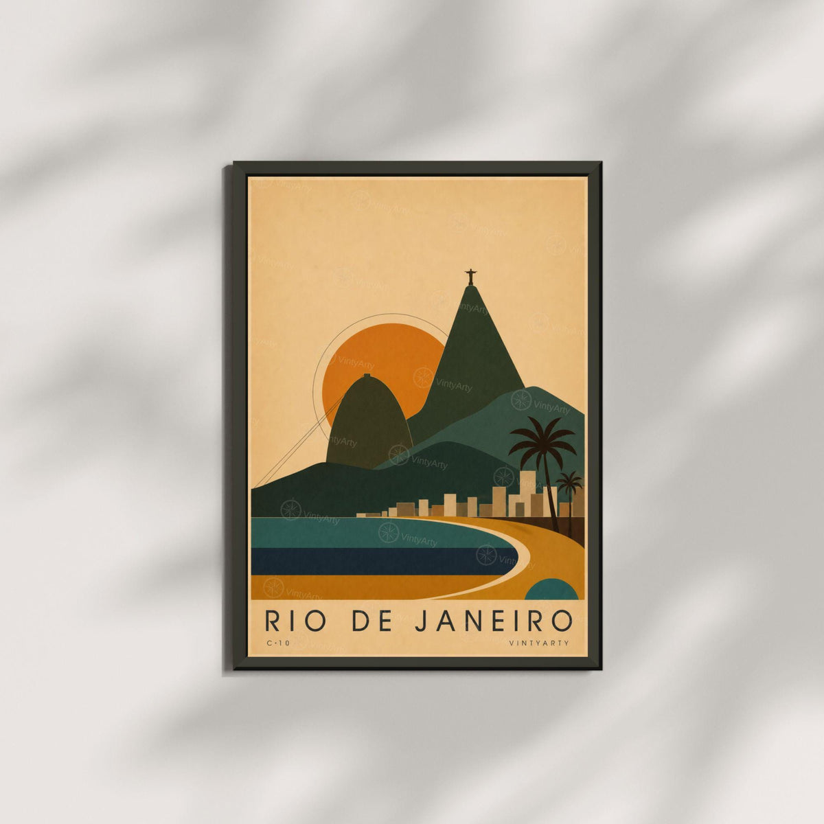 Affiche Rio de Janeiro, le Pain de Sucre et la baie au soleil couchant, illustration mid-century