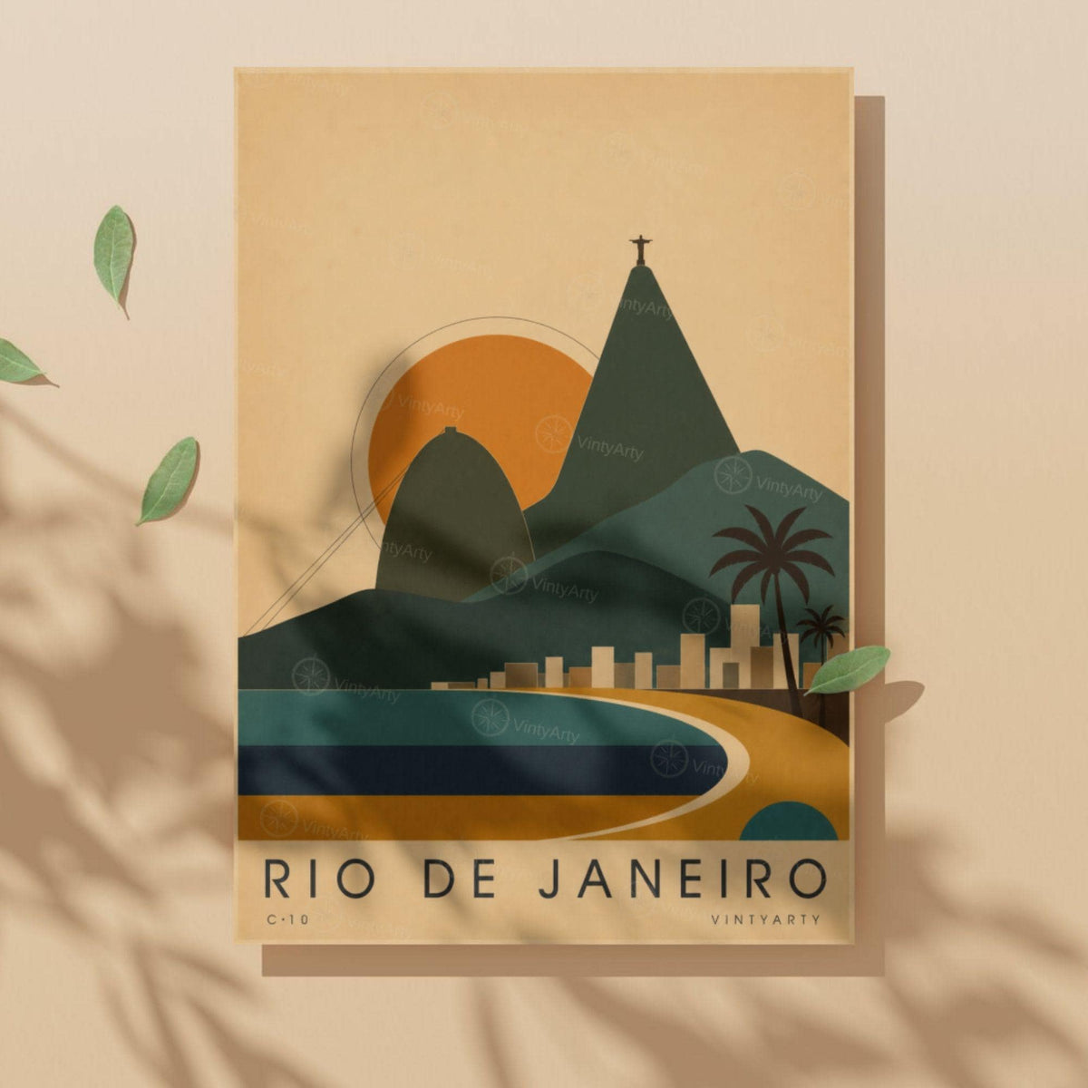 Affiche Rio de Janeiro, le Pain de Sucre et la baie au soleil couchant, illustration mid-century