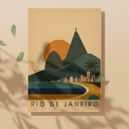 Affiche Rio de Janeiro, le Pain de Sucre et la baie au soleil couchant, illustration mid-century