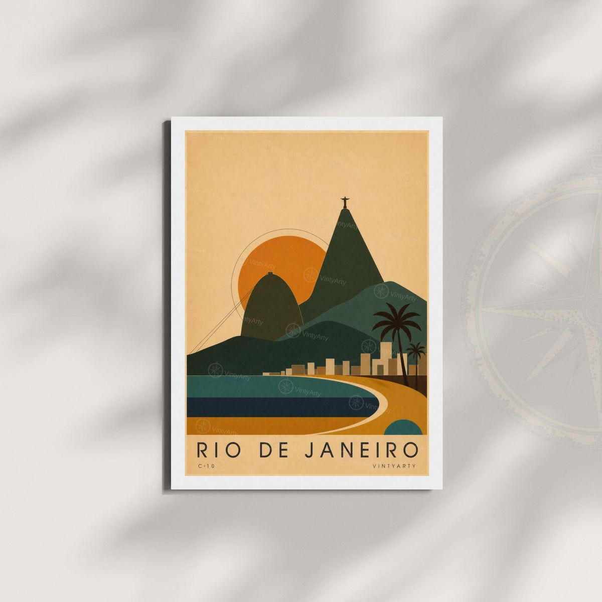 Affiche Rio de Janeiro, le Pain de Sucre et la baie au soleil couchant, illustration mid-century