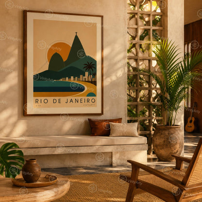 Affiche Rio de Janeiro, le Pain de Sucre et la baie au soleil couchant, illustration mid-century
