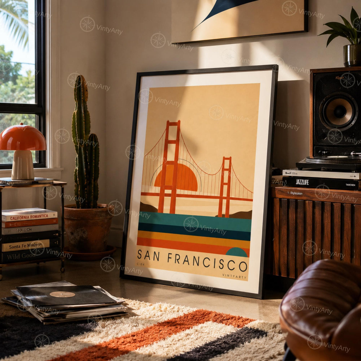 Affiche San Francisco, le pont rouge au soleil couchant, illustration mid-century, art mural voyage