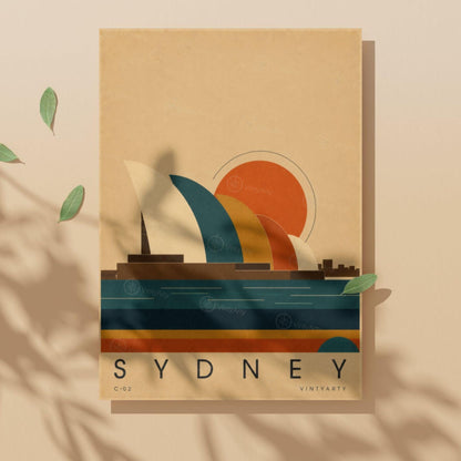 Affiche Sydney, les voiles du port au soleil couchant, illustration mid-century, art mural voyage