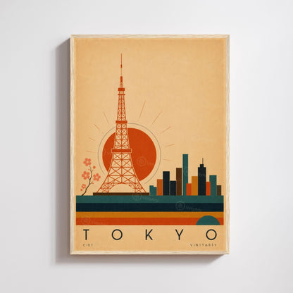 Affiche Tokyo, la tour rouge et le soleil levant, illustration mid-century, décoration murale voyage