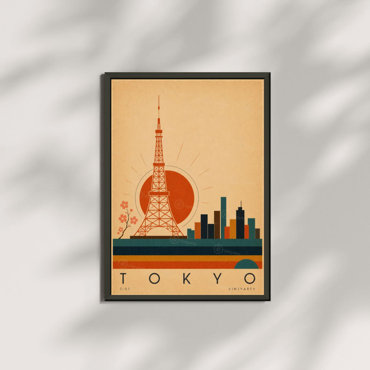 Affiche Tokyo, la tour rouge et le soleil levant, illustration mid-century, décoration murale voyage