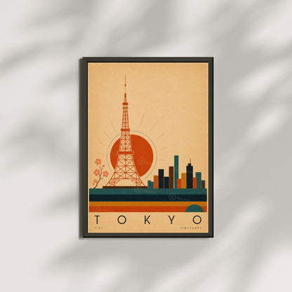 Affiche Tokyo, la tour rouge et le soleil levant, illustration mid-century, décoration murale voyage