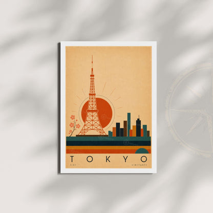 Affiche Tokyo, la tour rouge et le soleil levant, illustration mid-century, décoration murale voyage