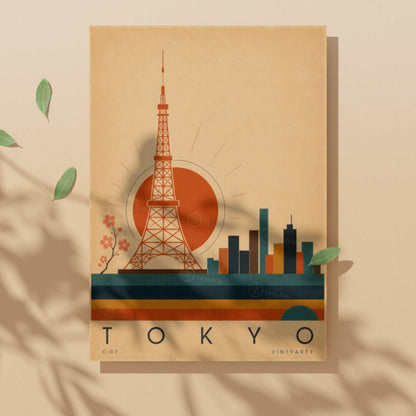 Affiche Tokyo, la tour rouge et le soleil levant, illustration mid-century, décoration murale voyage