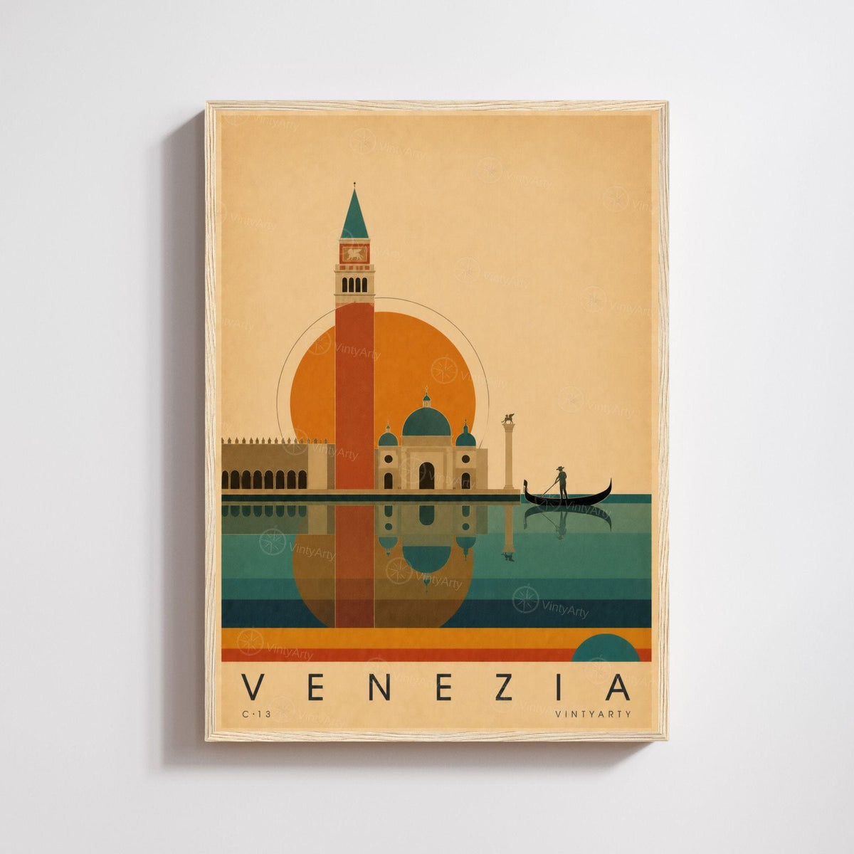 Affiche Venise, le campanile et la gondole au soleil couchant, illustration mid-century, art mural