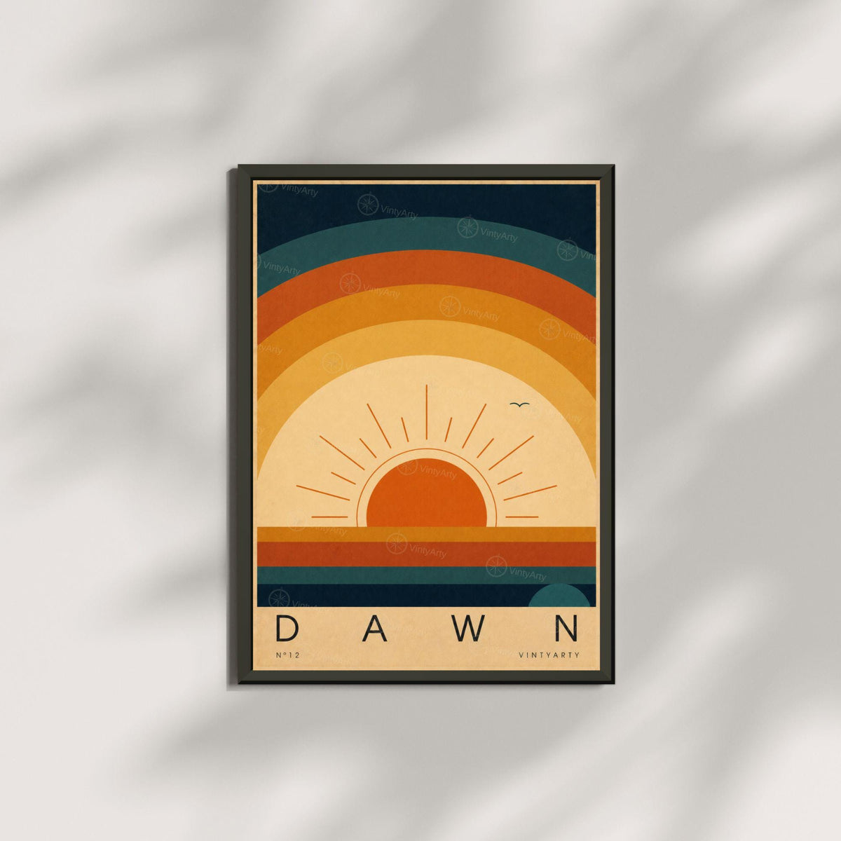 Affiche soleil levant, arcs concentriques rétro, illustration mid-century, décoration murale