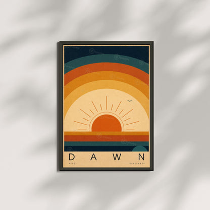 Affiche soleil levant, arcs concentriques rétro, illustration mid-century, décoration murale