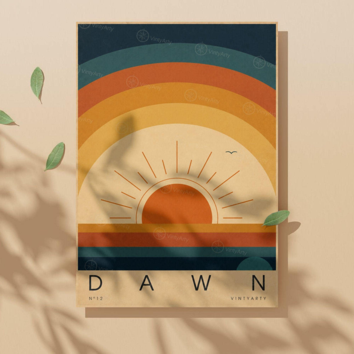 Affiche soleil levant, arcs concentriques rétro, illustration mid-century, décoration murale