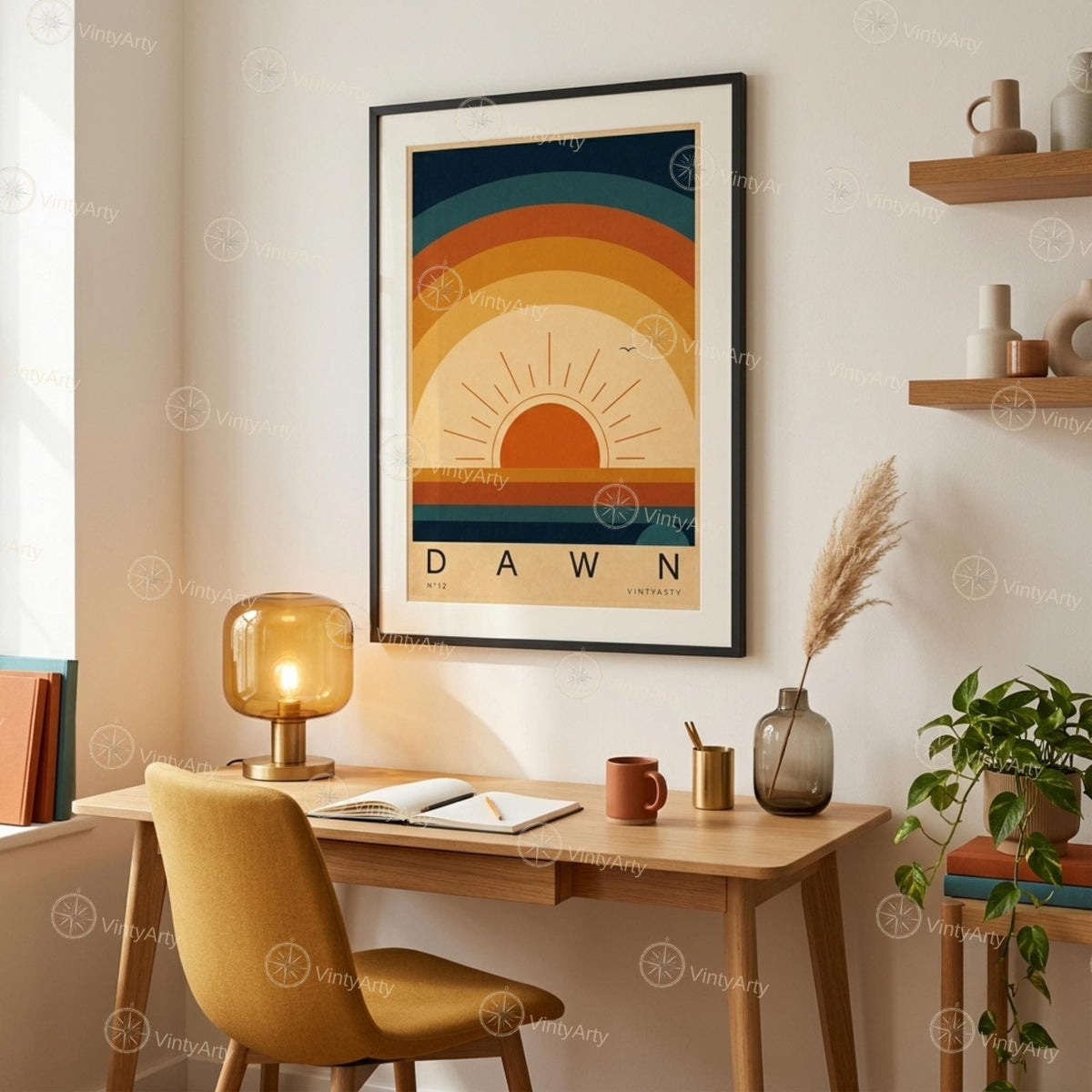 Affiche soleil levant, arcs concentriques rétro, illustration mid-century, décoration murale