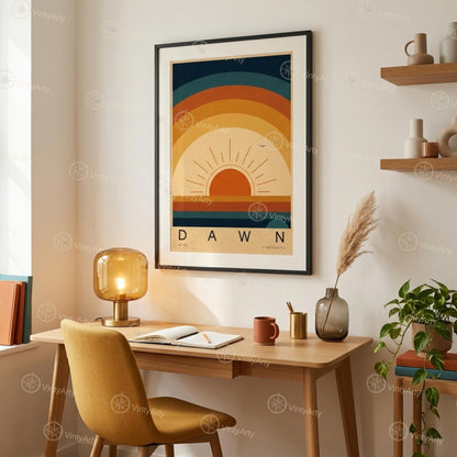 Affiche soleil levant, arcs concentriques rétro, illustration mid-century, décoration murale
