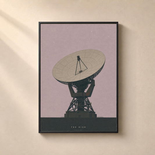 Radiotélescope, affiche astronomie antenne satellite, illustration industrielle minimaliste ciel mauve