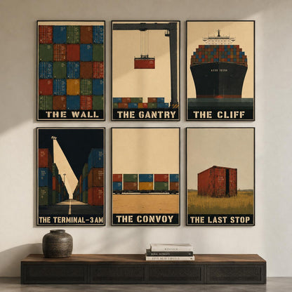 Affiche train de conteneurs, convoi de fret dans la plaine, illustration industrielle vintage