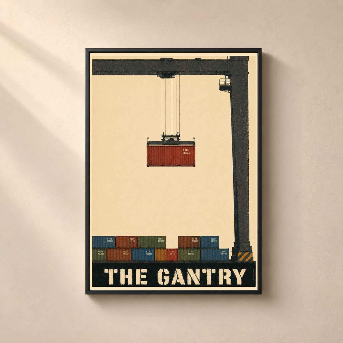 Affiche portique de port, conteneur suspendu au-dessus du quai, illustration industrielle vintage