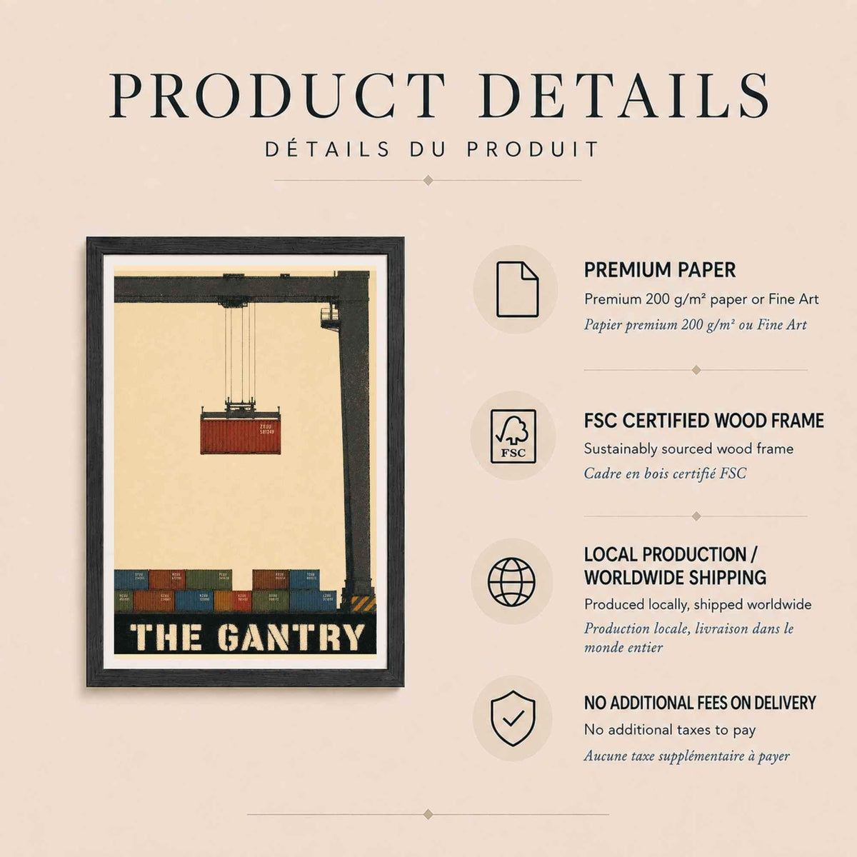 Affiche portique de port, conteneur suspendu au-dessus du quai, illustration industrielle vintage