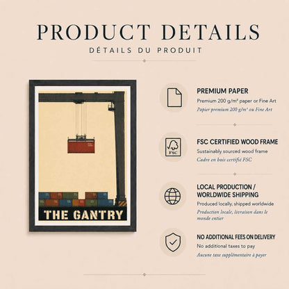 Affiche portique de port, conteneur suspendu au-dessus du quai, illustration industrielle vintage