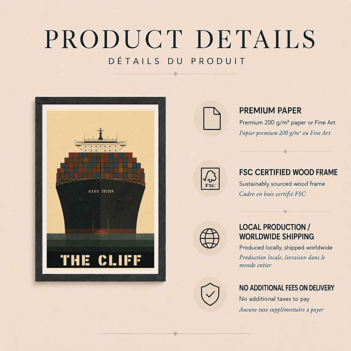 Affiche porte-conteneurs, proue vue de face, illustration industrielle vintage, décoration murale