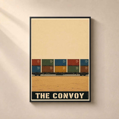 Affiche train de conteneurs, convoi de fret dans la plaine, illustration industrielle vintage
