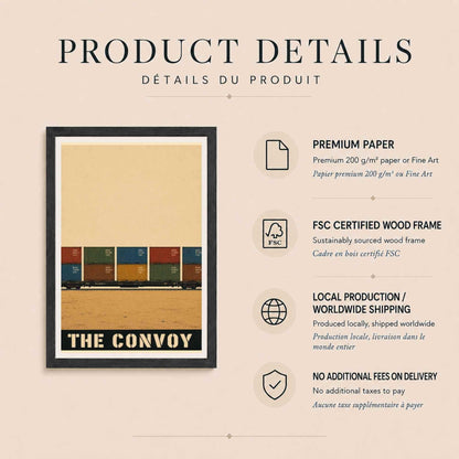 Affiche train de conteneurs, convoi de fret dans la plaine, illustration industrielle vintage