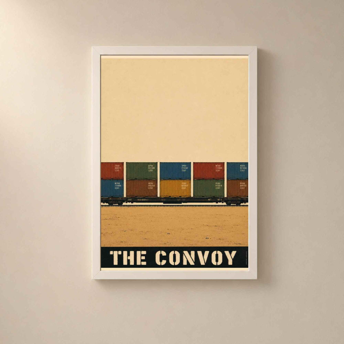 Affiche train de conteneurs, convoi de fret dans la plaine, illustration industrielle vintage