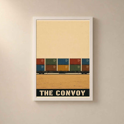 Affiche train de conteneurs, convoi de fret dans la plaine, illustration industrielle vintage