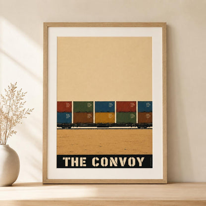 Affiche train de conteneurs, convoi de fret dans la plaine, illustration industrielle vintage