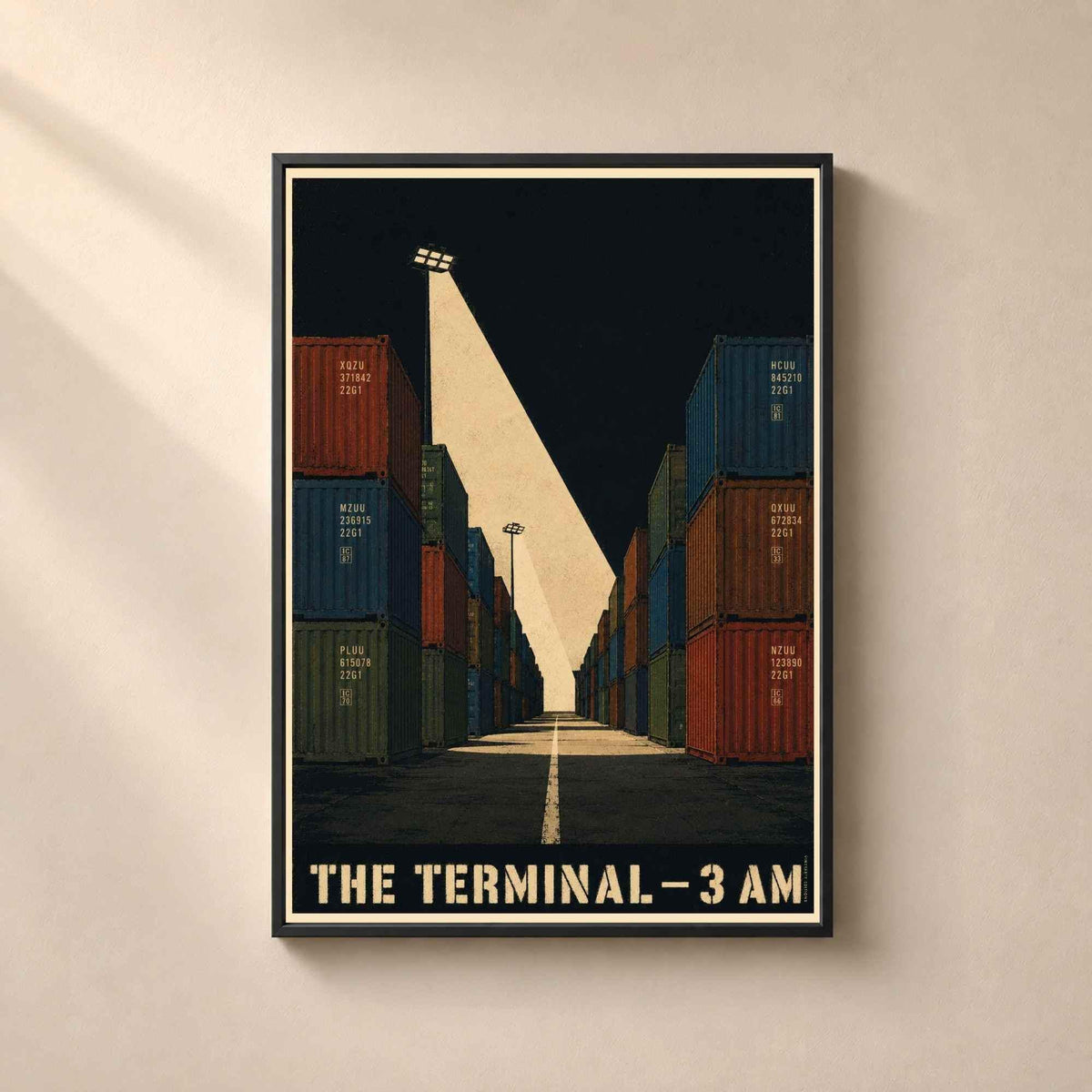 Affiche terminal à conteneurs la nuit, allée sous le projecteur, illustration industrielle vintage