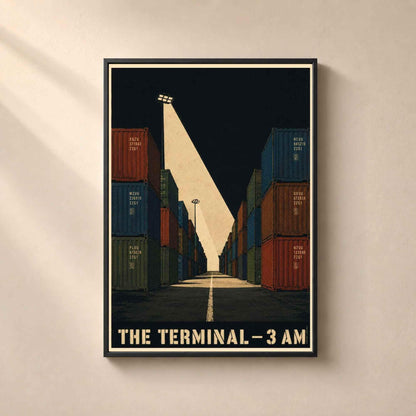 Affiche terminal à conteneurs la nuit, allée sous le projecteur, illustration industrielle vintage