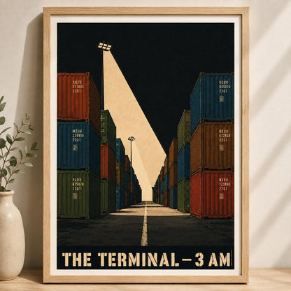 Affiche terminal à conteneurs la nuit, allée sous le projecteur, illustration industrielle vintage