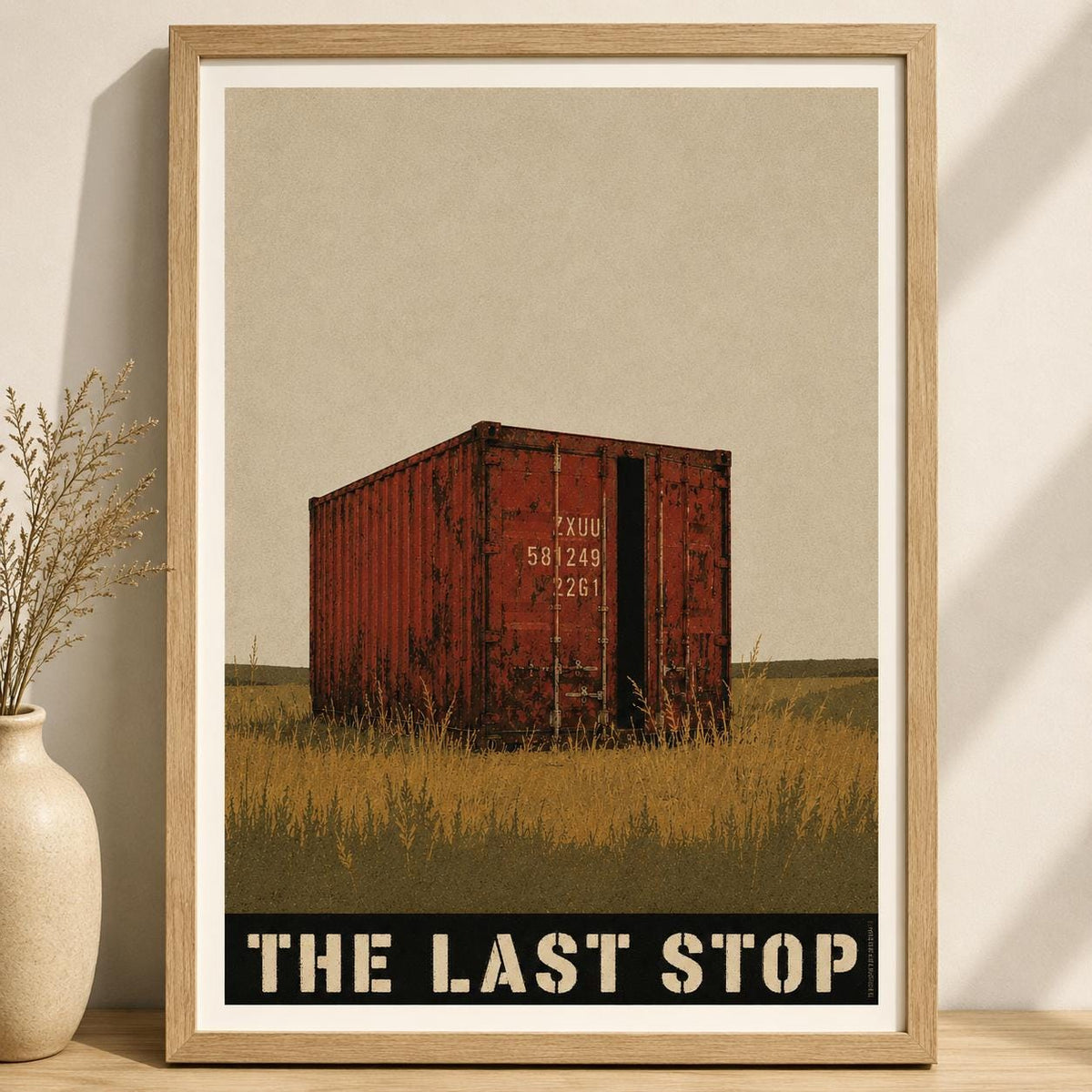Affiche industrielle vintage The Last Stop, conteneur maritime rouge, décoration murale rétro