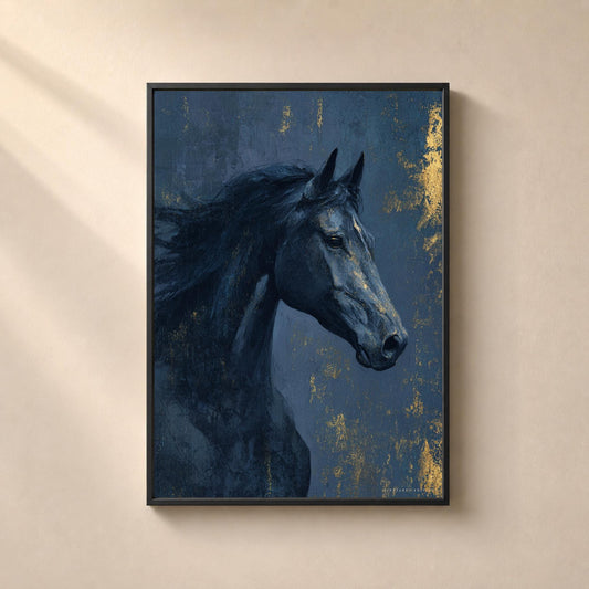 Affiche cheval noir sur fond bleu nuit et or, portrait équestre peint, décoration murale