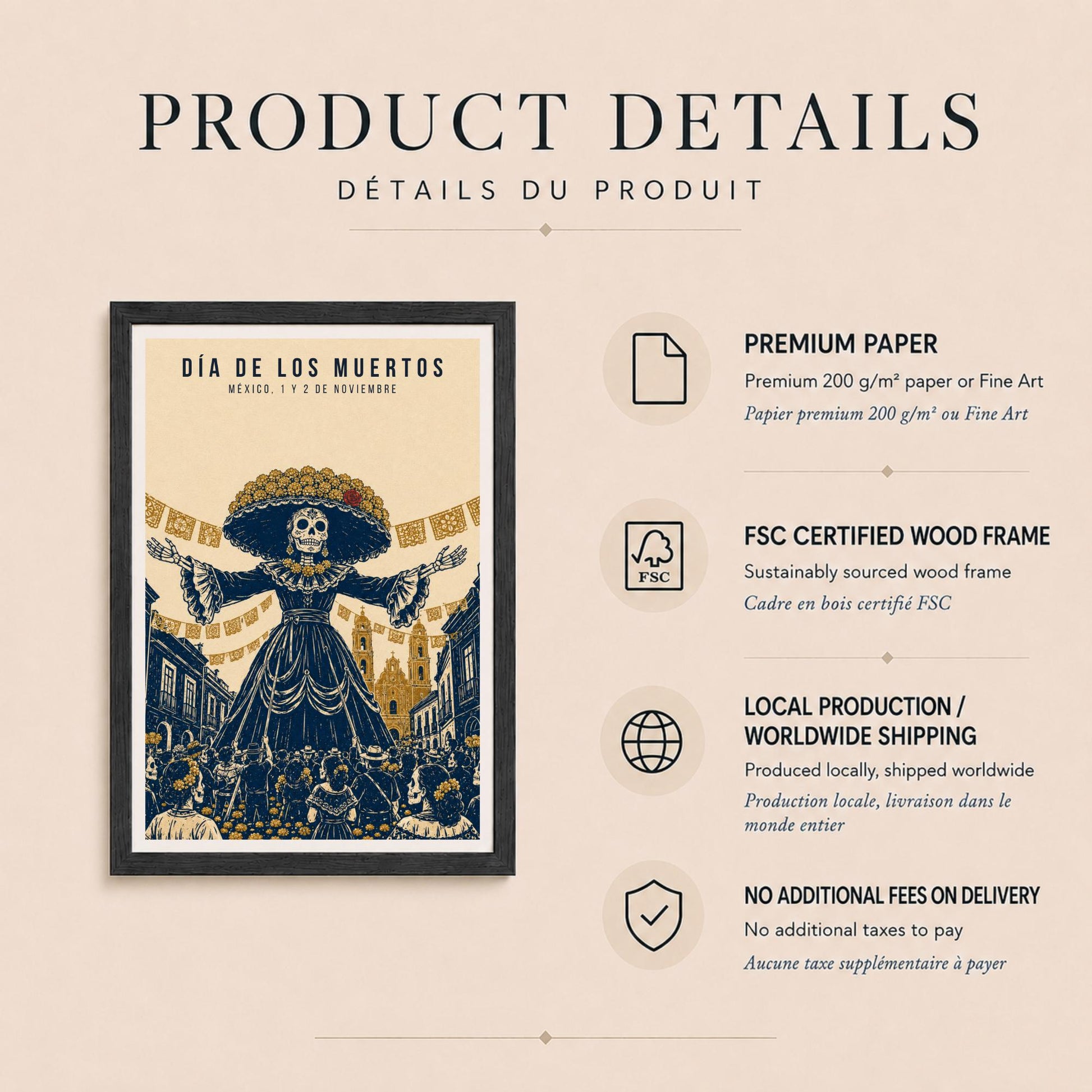 Día de Muertos, affiche de la Catrina, gravure mexicaine bleu et ocre, déco murale fête des morts