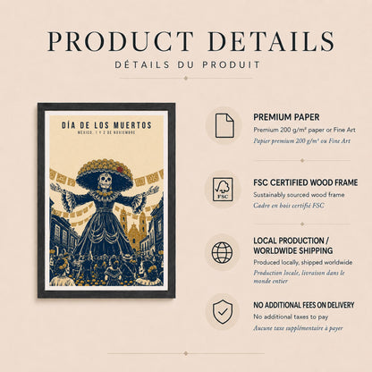 Día de Muertos, affiche de la Catrina, gravure mexicaine bleu et ocre, déco murale fête des morts