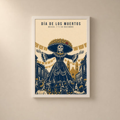 Día de Muertos, affiche de la Catrina, gravure mexicaine bleu et ocre, déco murale fête des morts