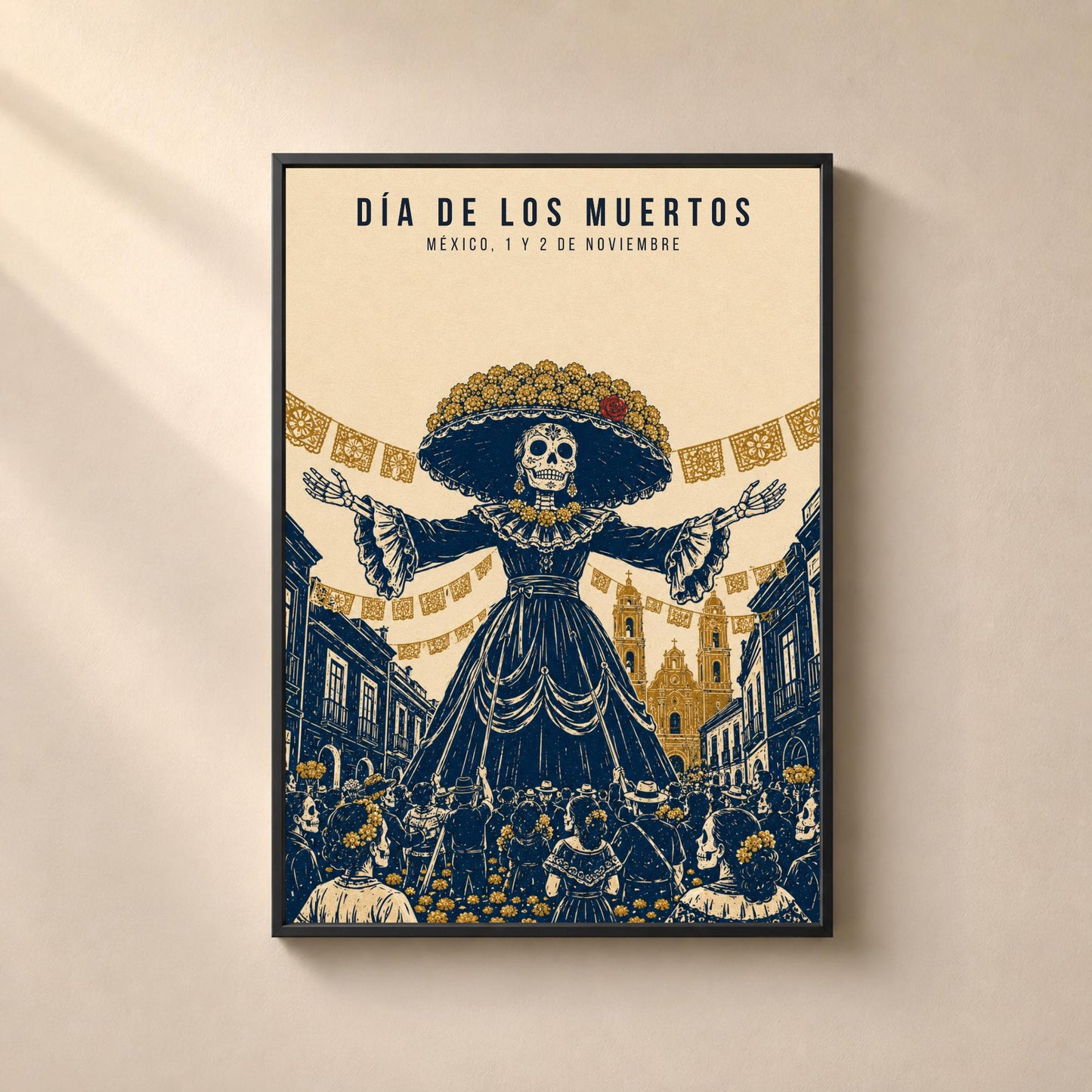 Día de Muertos, affiche de la Catrina, gravure mexicaine bleu et ocre, déco murale fête des morts