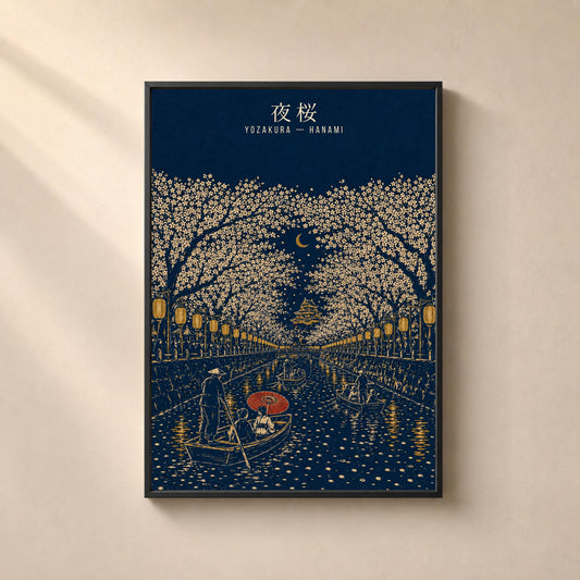 Yozakura, affiche des cerisiers en fleurs la nuit, estampe bleu nuit et or, déco murale japonaise